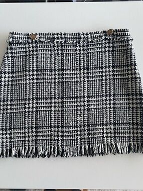 Zara Black and White Tweed Fringe Mini Skirt